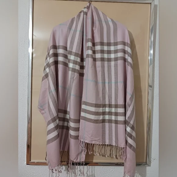 Burberry pink/beige Plaid Scarf. Wrap with Fringe. - Picture 2 of 9
